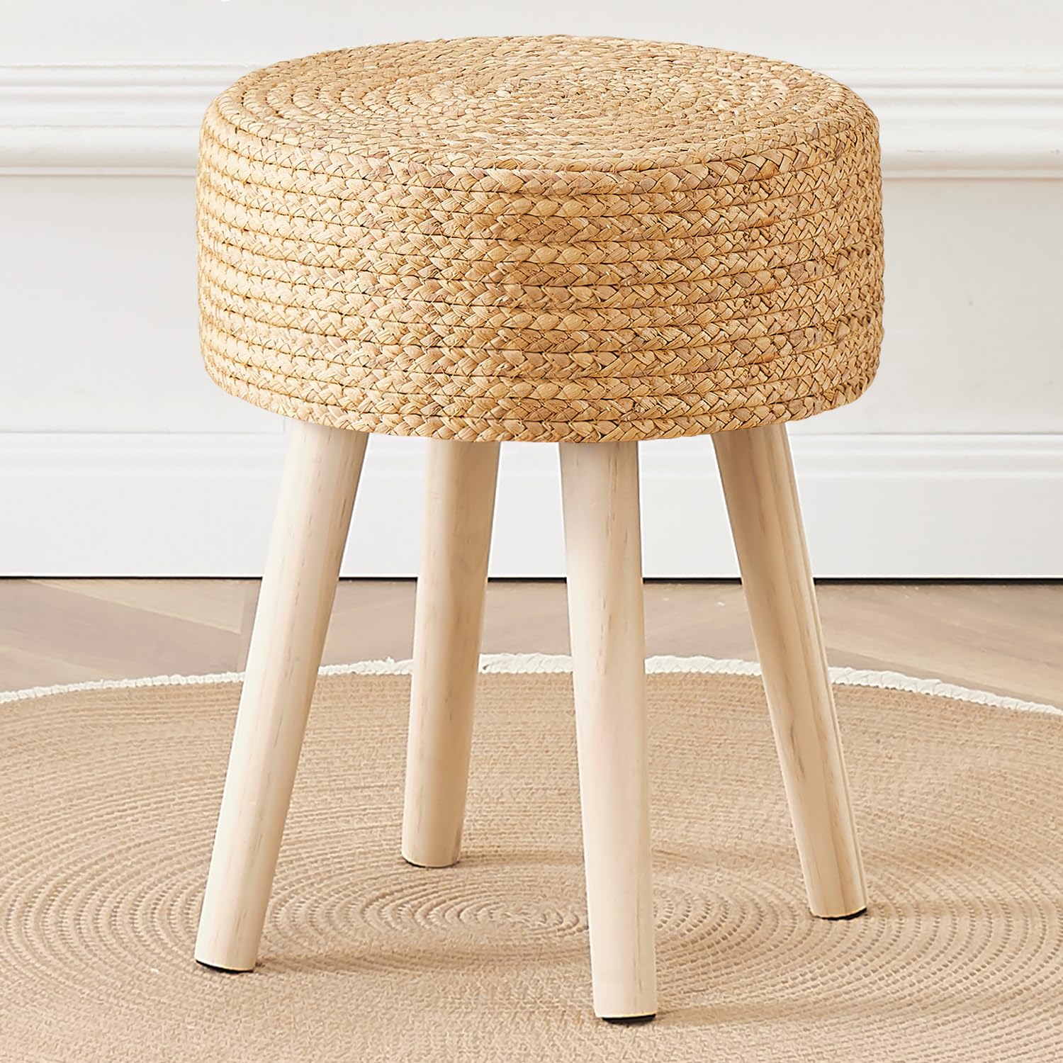 Cpintltr Round Ottoman Footstool Natural Seagrass Foot Stool Pouf Ottomans with Solid Wood Legs Hand Weave Hyacinth Footrest Step Stool for Living Room Balcony Garden Natural & Beige