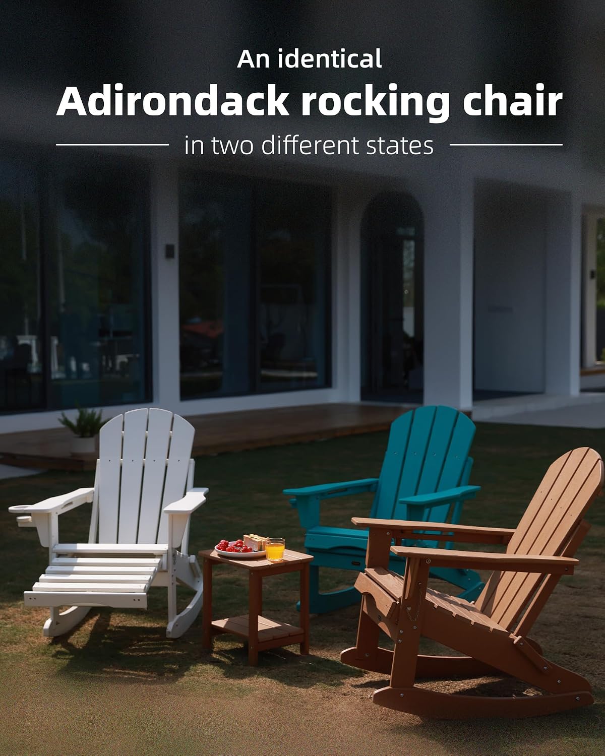 Folding Adirondack Rocking Chair,4-in-1 Multifunctional Patio Chair with Retractable Ottoman, Outdoor Chair Wood Texture, Lawn Chair for Porch, Backyard, Pool(Grey)