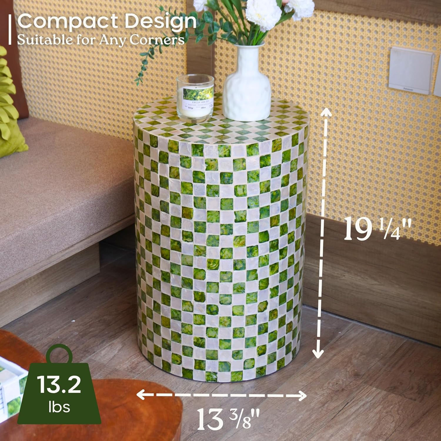 Chi An Home Pistachio Green 19.3" Checkered Capiz Shell Drum Side Table, Indoor Outdoor Round Accent Stool for Bedroom Living Room