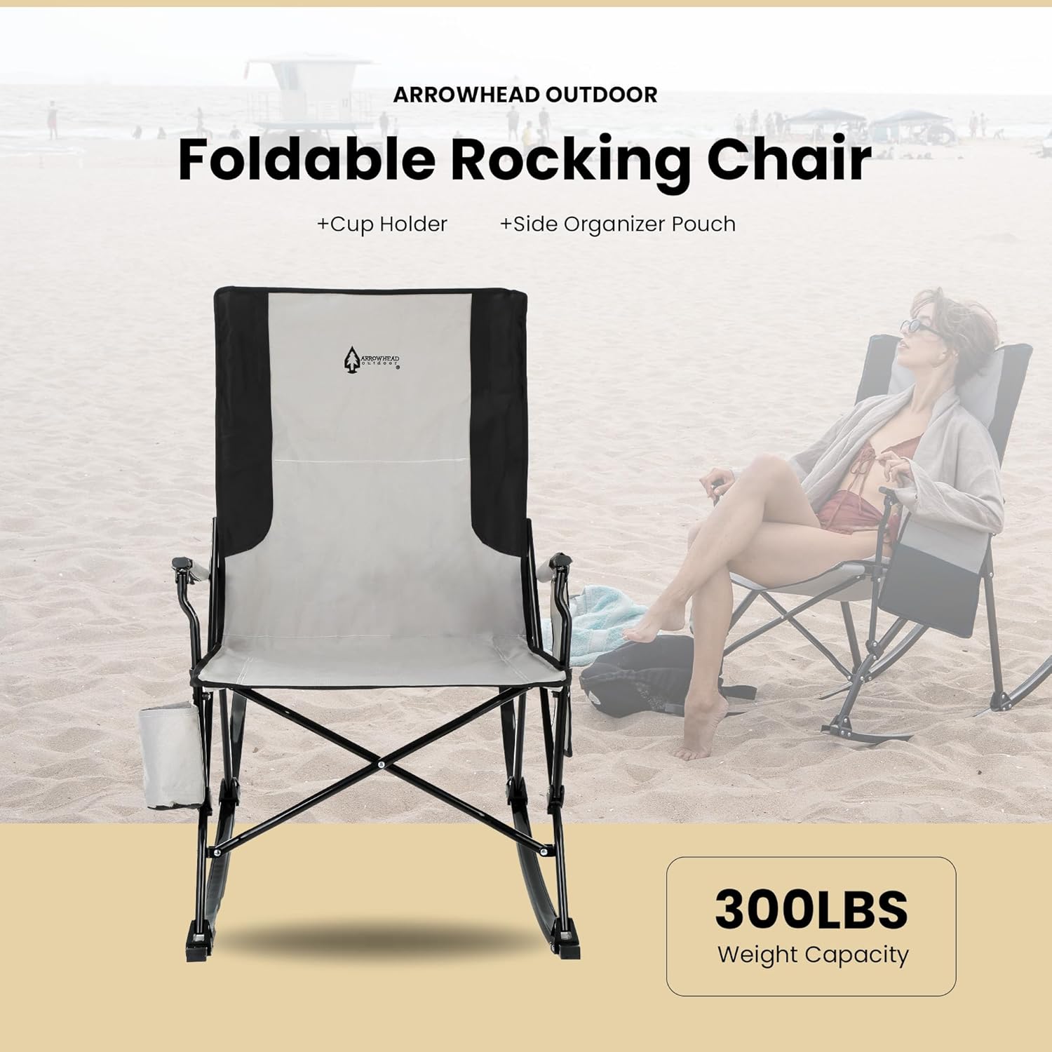 ARROWHEAD OUTDOOR Foldable Rocking Camp Chair with Large Cup Holder, Side Pocket, Space-Saving Folding, Enhanced Swinging Rocker for Camping, Fishing, Patio