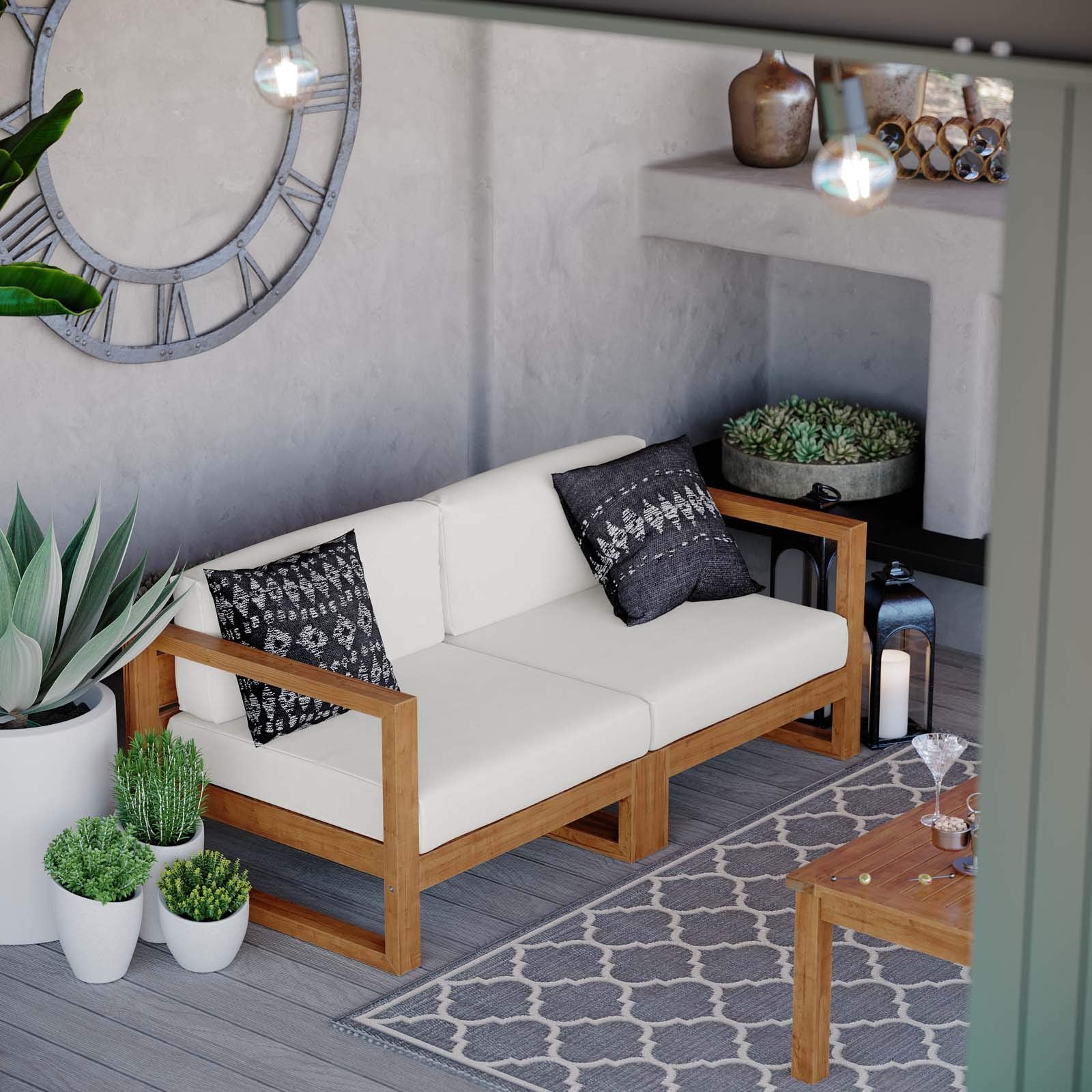 Modway Upland Teak Wood Outdoor Patio 6-Piece Sectional Sofa Set with Cushions in Natural White