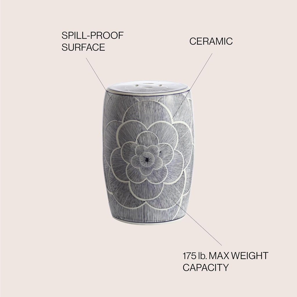 JONATHAN Y Camellia 17" Ceramic Drum Garden Stool, Traditional Blue Floral Chinoiserie Indoor/Outdoor Patio Side Table, Pierced Accent Seat, Plant Stand, Coastal, Blue/White TBL1005A