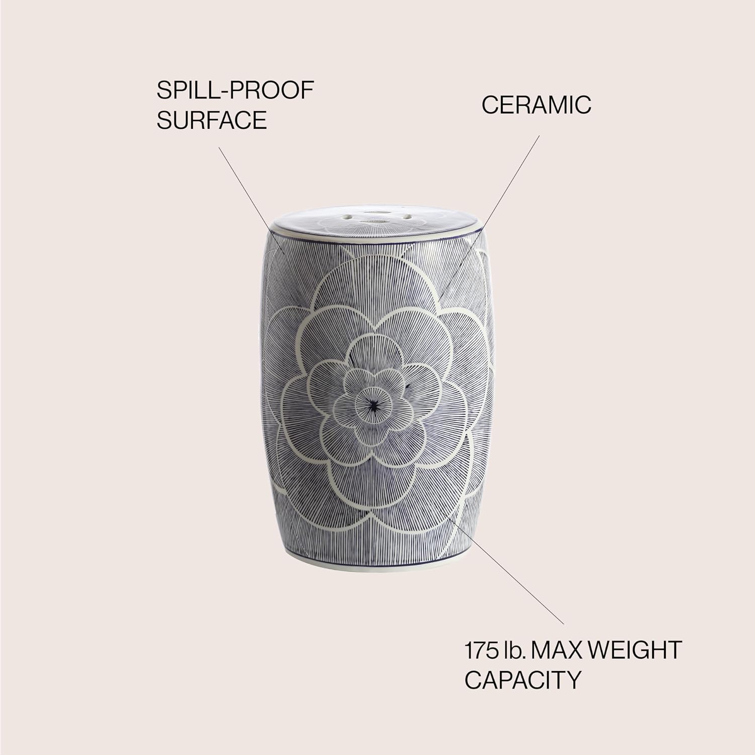 JONATHAN Y Camellia 17" Ceramic Drum Garden Stool, Traditional Blue Floral Chinoiserie Indoor/Outdoor Patio Side Table, Pierced Accent Seat, Plant Stand, Coastal, Blue/White TBL1005A