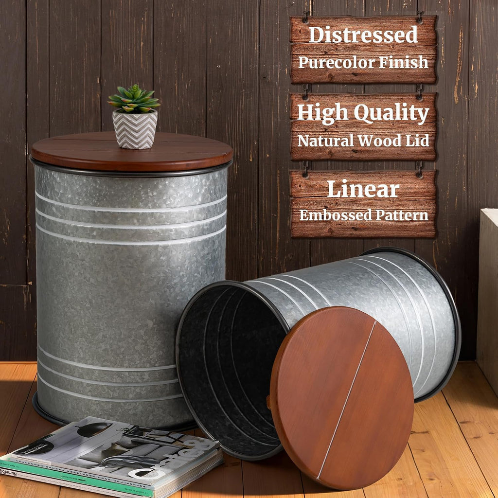Glitzhome Rustic End Table Set of 2, Farmhouse Galvanized Metal Barrel Ottoman Storage Stool with Round Wood Lid for Living Room Furniture, Grey