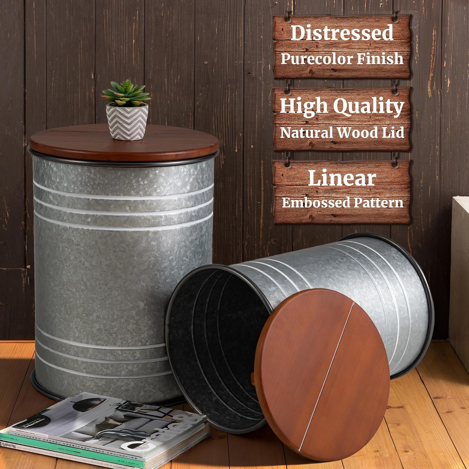 Glitzhome Rustic End Table Set of 2, Farmhouse Galvanized Metal Barrel Ottoman Storage Stool with Round Wood Lid for Living Room Furniture, Grey