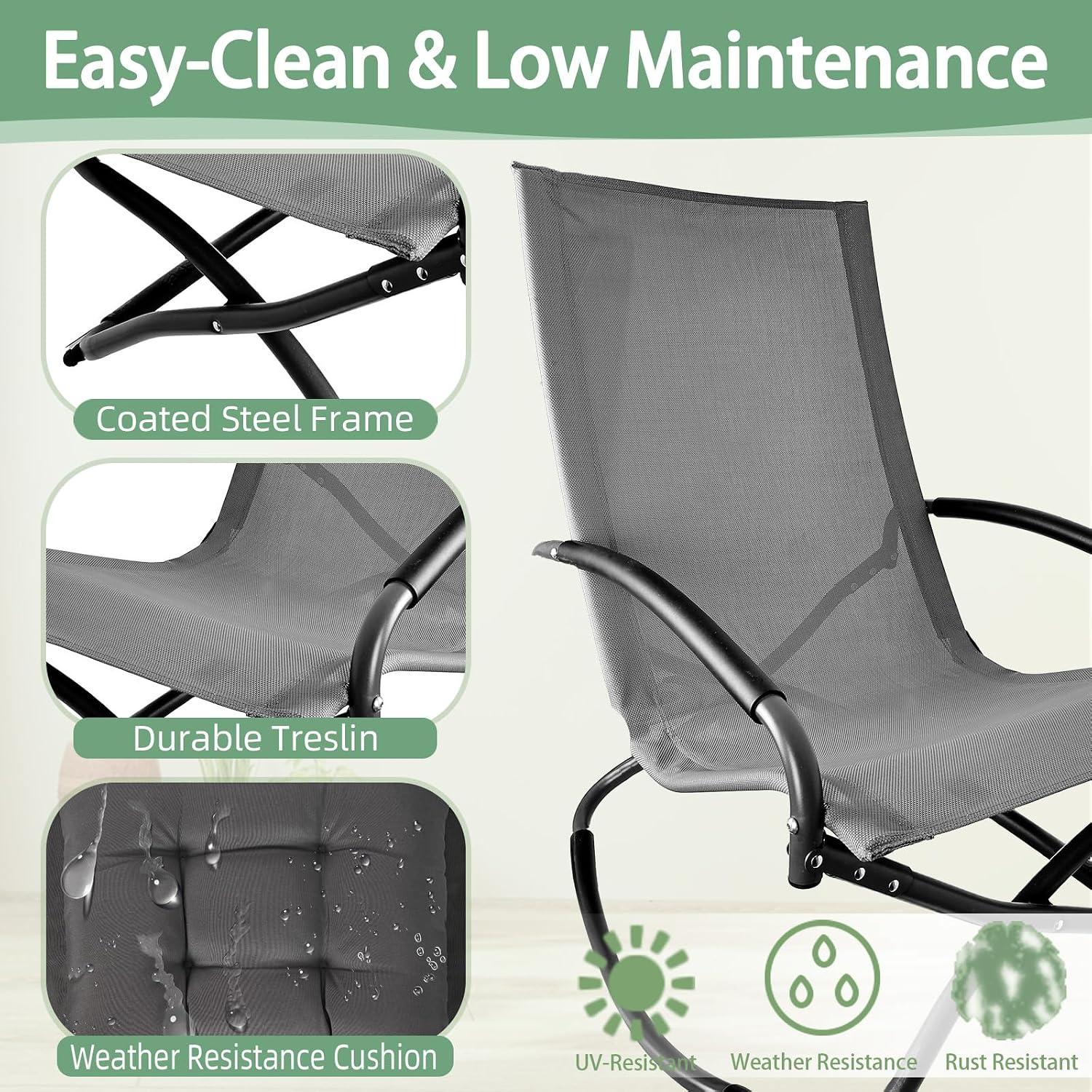 Rocking Folding Chair Comfy Recliner Chair with Puffy Cushion Suitable for Porch Deck, Garden, Patio Lounge Set, Gray，Weather Resistant Textilene Fabric Space-Saving 330lbs Capacity