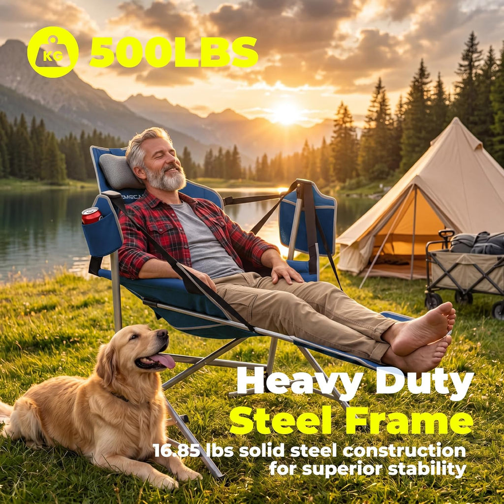 Hammock Camping Chair with Footrest, Oversized Swinging Folding Camp Chair for Adults, Adjustable Back & Seat, Heavy Duty Rocking Chair with Cup Holder & Pillow for Outdoor Patio Lawn RV, Blue