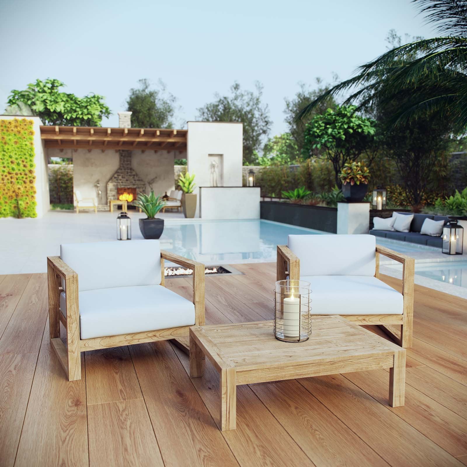 Modway Upland Teak Wood Outdoor Patio 6-Piece Sectional Sofa Set with Cushions in Natural White