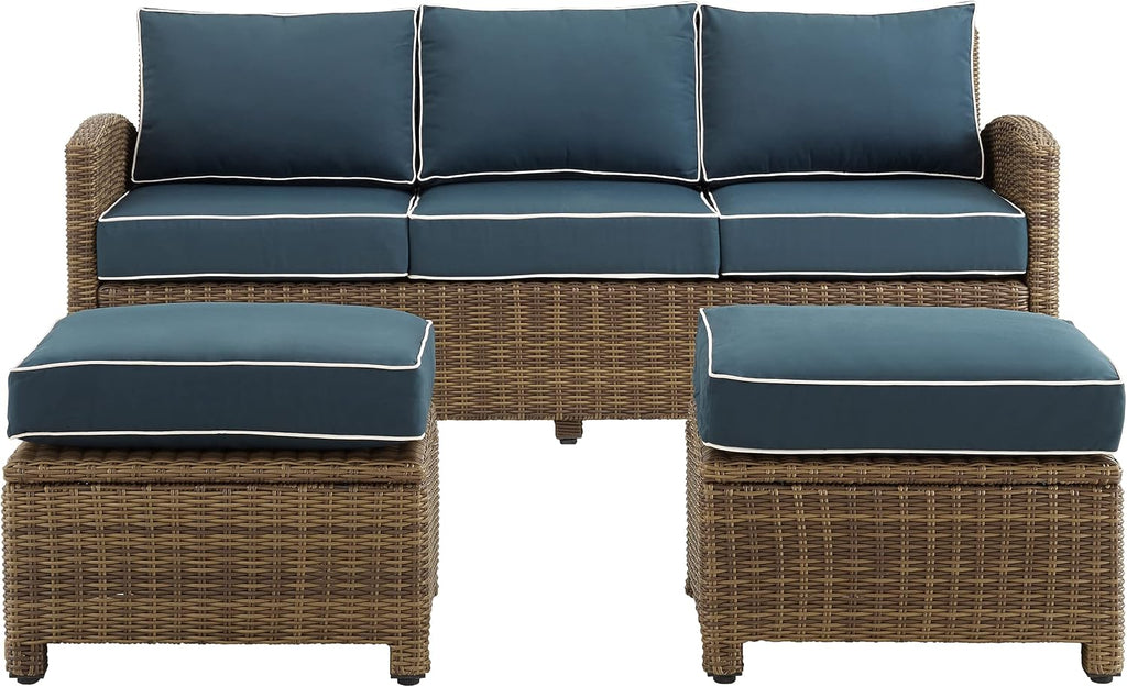 Crosley Furniture Bradenton 3-Piece Outdoor Sofa Patio Furniture Set, Wicker Conversation Sets for Porch, Brown with Navy Cushions