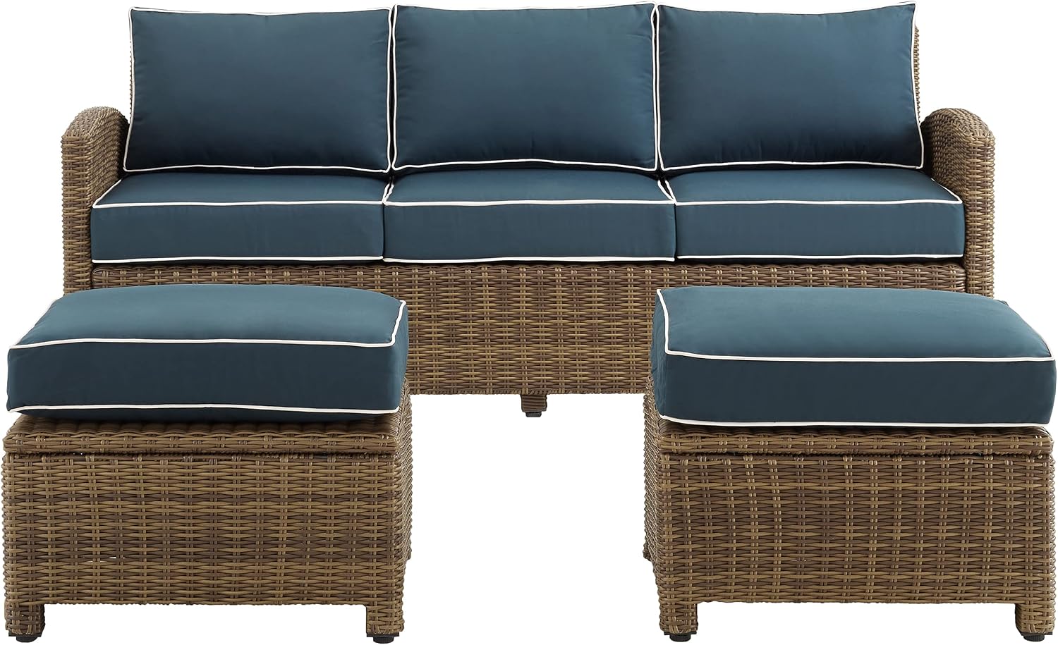 Crosley Furniture Bradenton 3-Piece Outdoor Sofa Patio Furniture Set, Wicker Conversation Sets for Porch, Brown with Navy Cushions