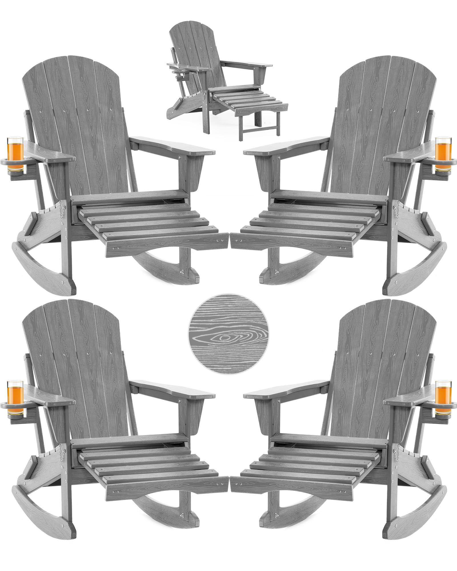 Folding Adirondack Rocking Chair,4-in-1 Multifunctional Patio Chair with Retractable Ottoman, Outdoor Chair Wood Texture, Lawn Chair for Porch, Backyard, Pool(Grey)