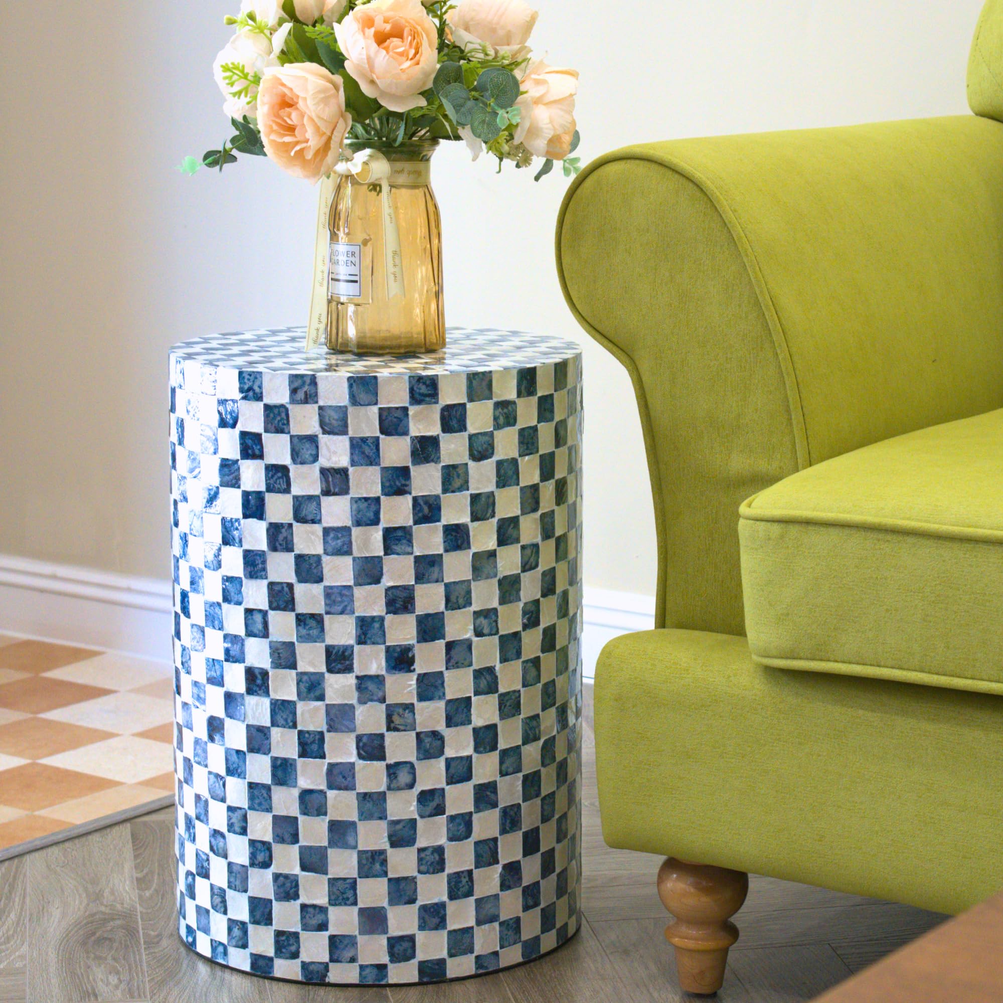 Chi An Home Pistachio Green 19.3" Checkered Capiz Shell Drum Side Table, Indoor Outdoor Round Accent Stool for Bedroom Living Room