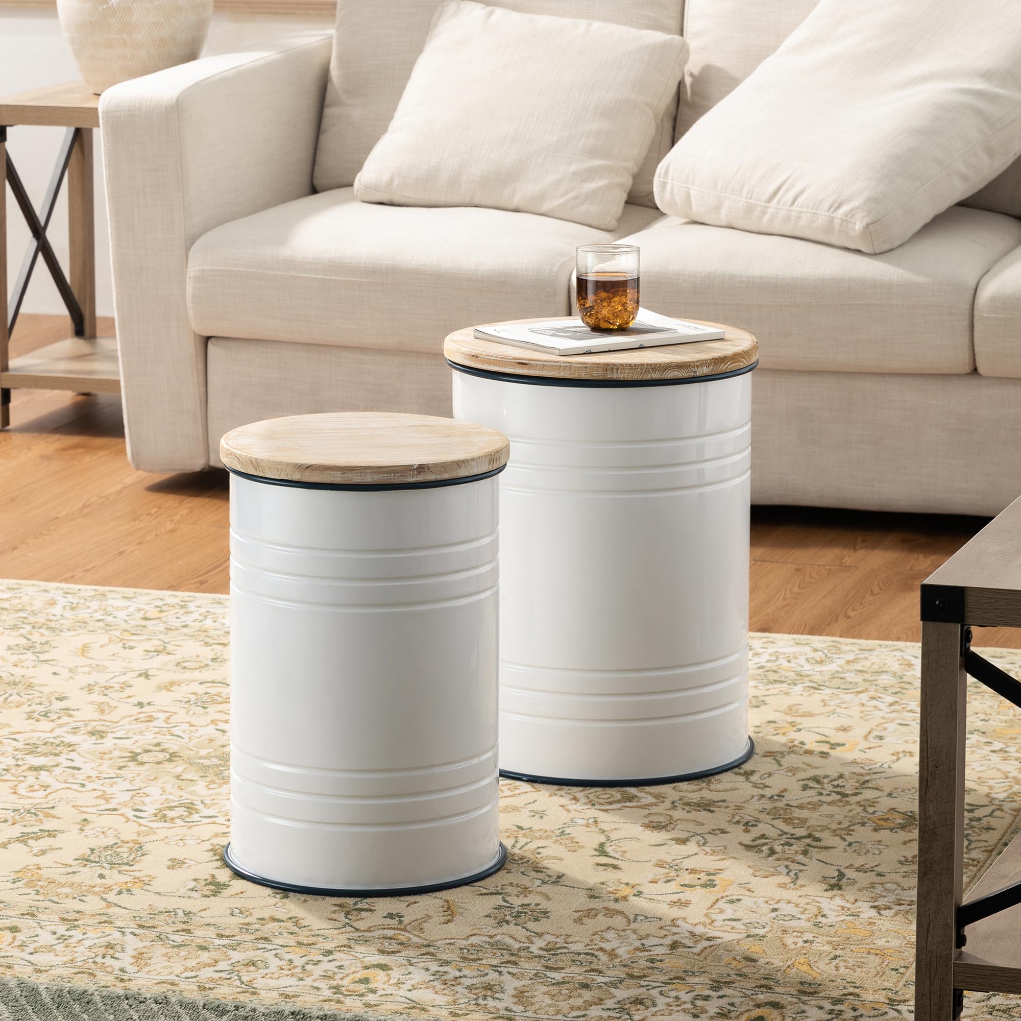 Glitzhome Rustic End Table Set of 2, Farmhouse Galvanized Metal Barrel Ottoman Storage Stool with Round Wood Lid for Living Room Furniture, Grey