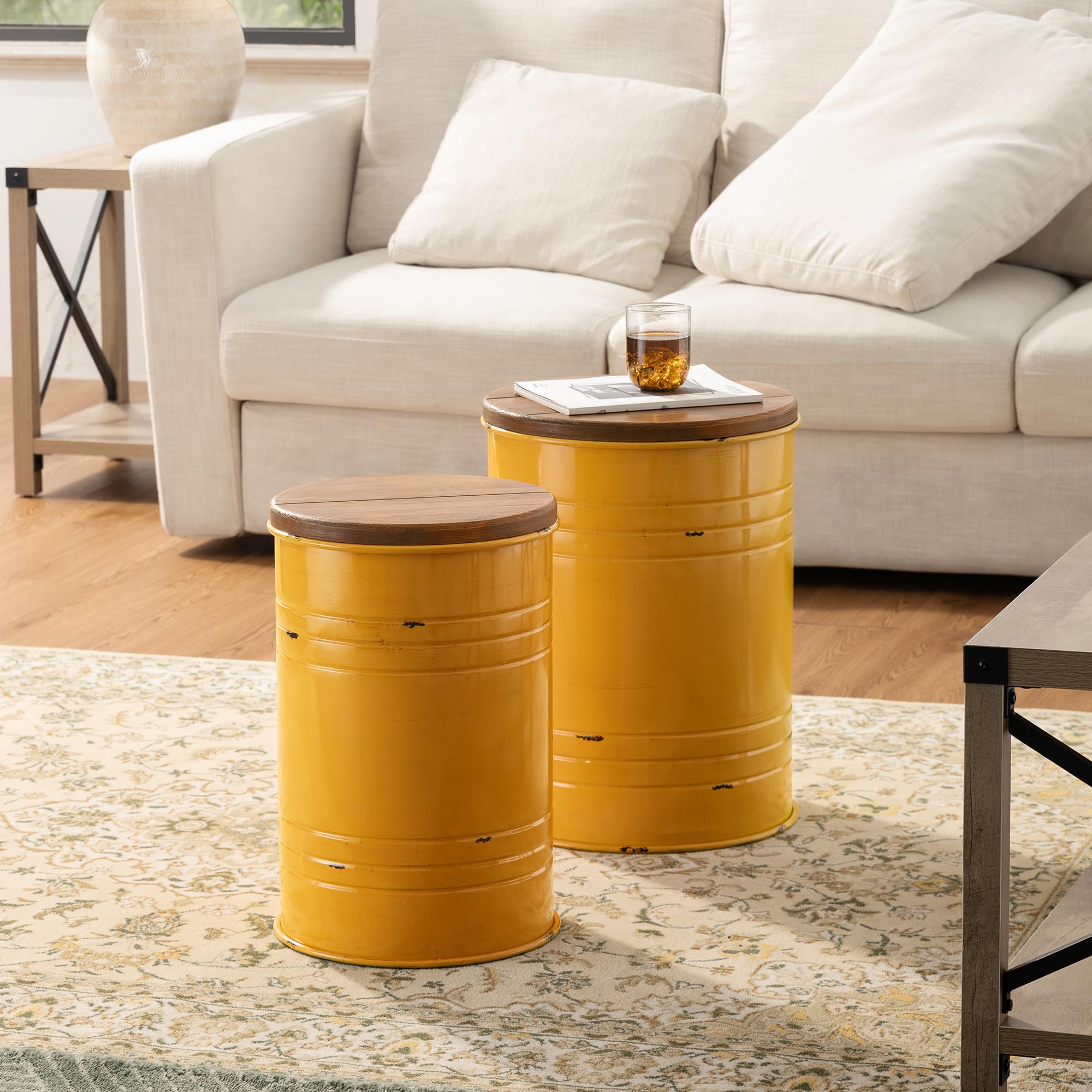 Glitzhome Rustic End Table Set of 2, Farmhouse Galvanized Metal Barrel Ottoman Storage Stool with Round Wood Lid for Living Room Furniture, Grey