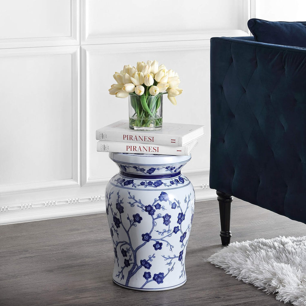 JONATHAN Y Cherry Blossom 18" Ceramic Chinoiserie Garden Stool, Traditional Floral Accent Side Table and Plant Stand for Indoor/Outdoor Garden, Patio, Living Room, Blue/White TBL1016A