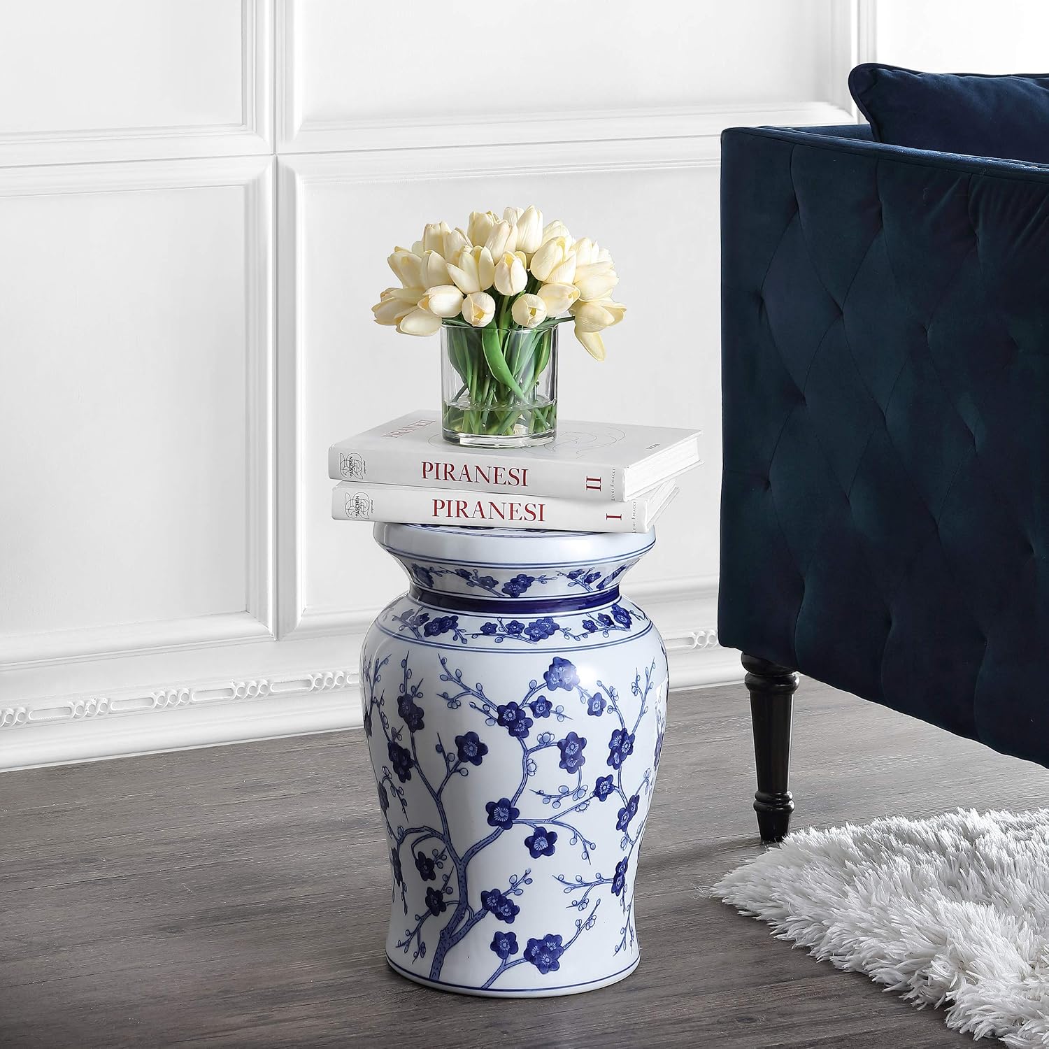 JONATHAN Y Cherry Blossom 18" Ceramic Chinoiserie Garden Stool, Traditional Floral Accent Side Table and Plant Stand for Indoor/Outdoor Garden, Patio, Living Room, Blue/White TBL1016A