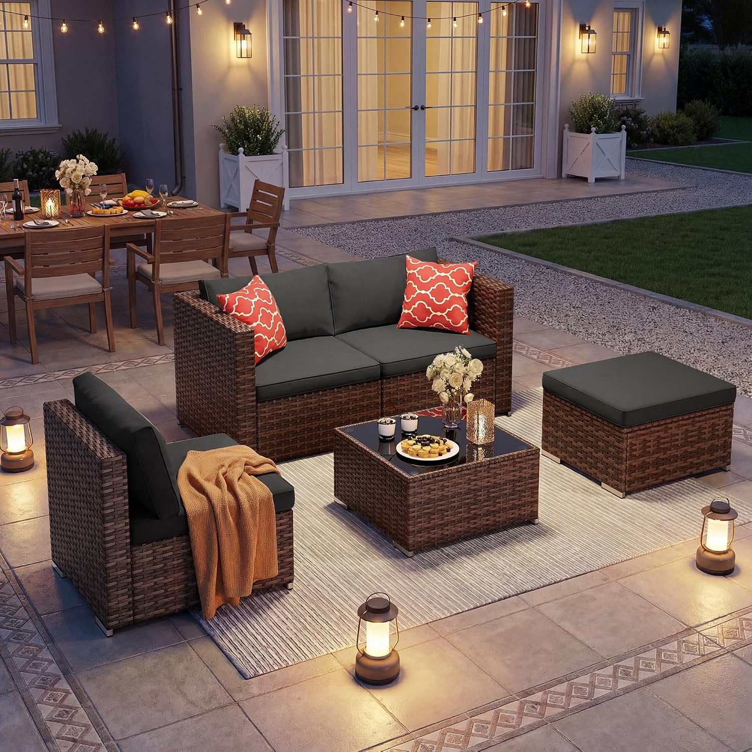 Ahomly 5 Piece Outdoor Patio Furniture Set, PE Wicker Rattan Sectional Sofa with Cushions and Glass Coffee Table, Outdoor Furniture Set for Patio Porch Deck, Black