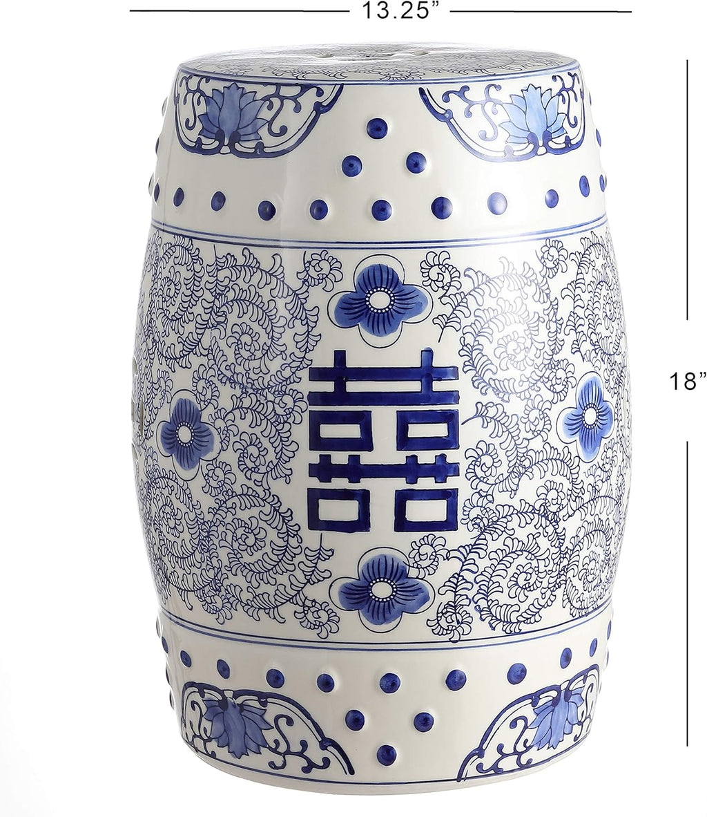 JONATHAN Y Double Happiness 18" Ceramic Garden Stool, Traditional Chinoiserie Blue and White Indoor/Outdoor Patio Drum Accent Side Table and Plant Stand TBL1013A