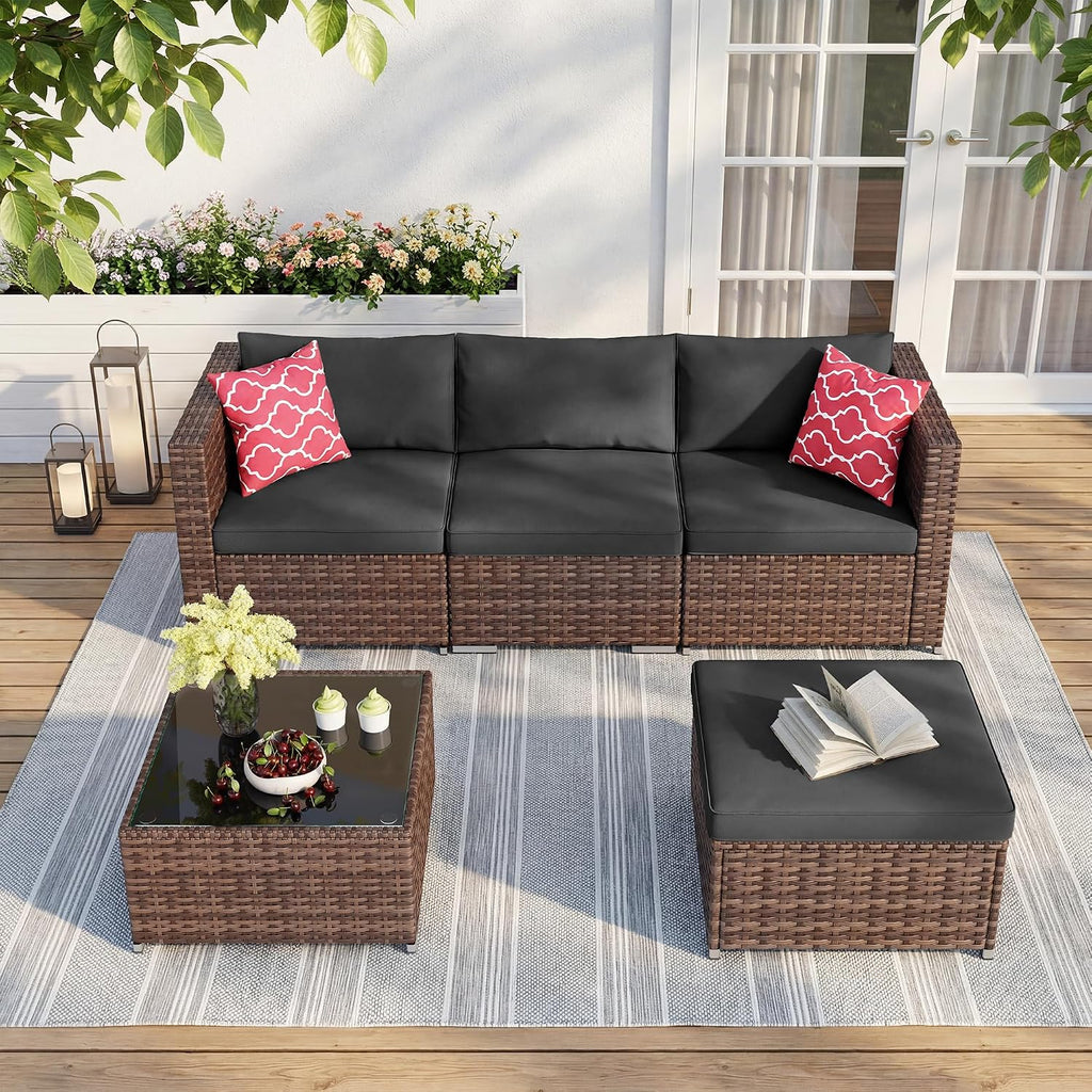 Ahomly 5 Piece Outdoor Patio Furniture Set, PE Wicker Rattan Sectional Sofa with Cushions and Glass Coffee Table, Outdoor Furniture Set for Patio Porch Deck, Black