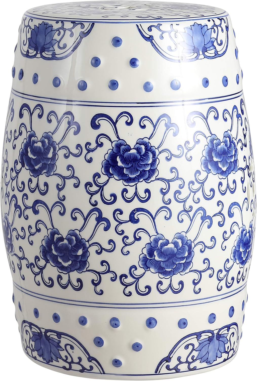 JONATHAN Y Lotus Flower 17.75" Chinoiserie Ceramic Drum Indoor/Outdoor Garden Stool, Traditional Floral Side Table, Plant Stand for Patio, Living Room, Blue/White TBL1000A