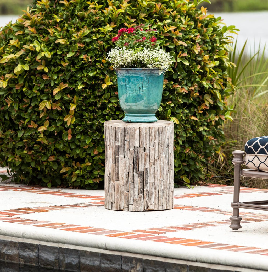 Patio Sense 62420 Elyse Round Rustic Garden Stool Wood Outdoor Seating & End Table Portable Adaptable Outdoor Furniture Ideal For Entertaining, Gardening & Decor - Seasoned Patina Finish May Vary