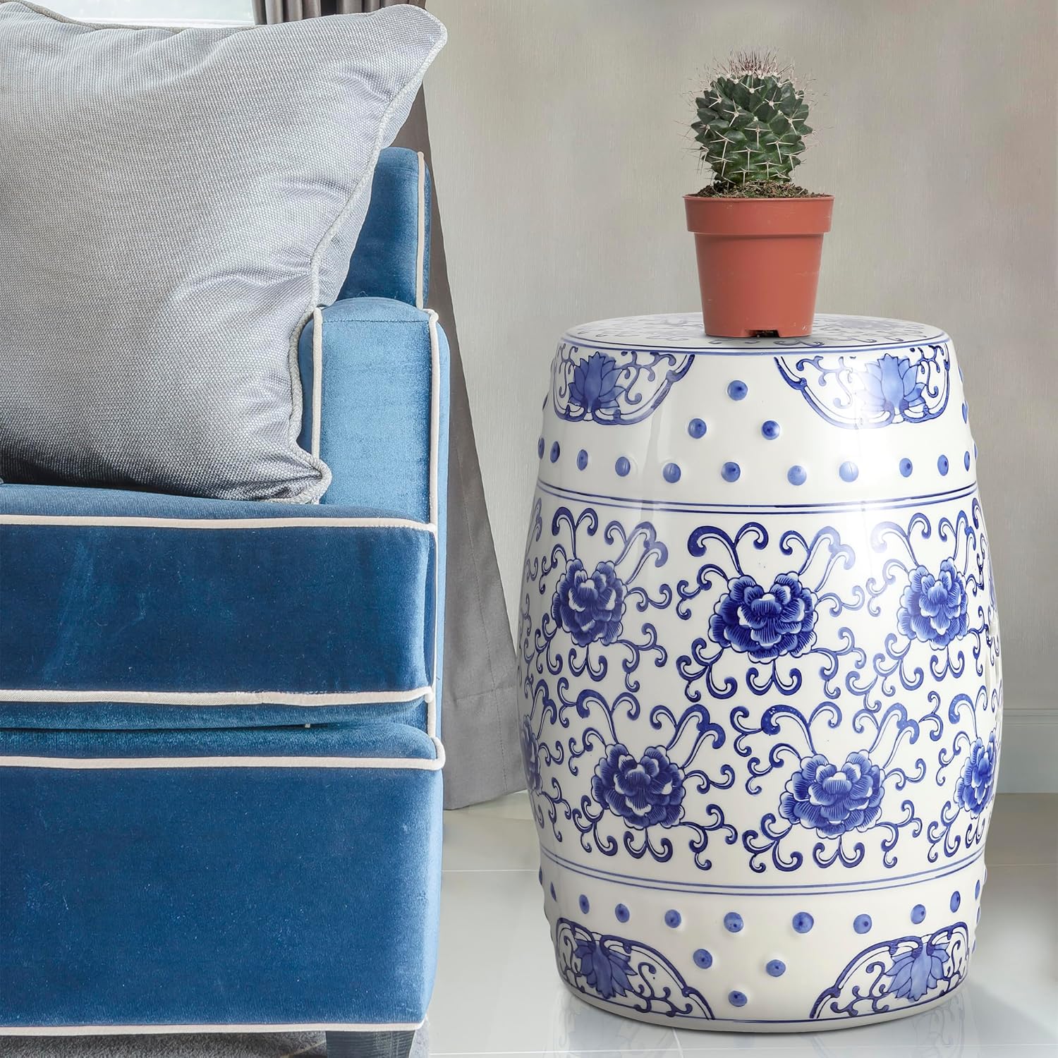 JONATHAN Y Lotus Flower 17.75" Chinoiserie Ceramic Drum Indoor/Outdoor Garden Stool, Traditional Floral Side Table, Plant Stand for Patio, Living Room, Blue/White TBL1000A