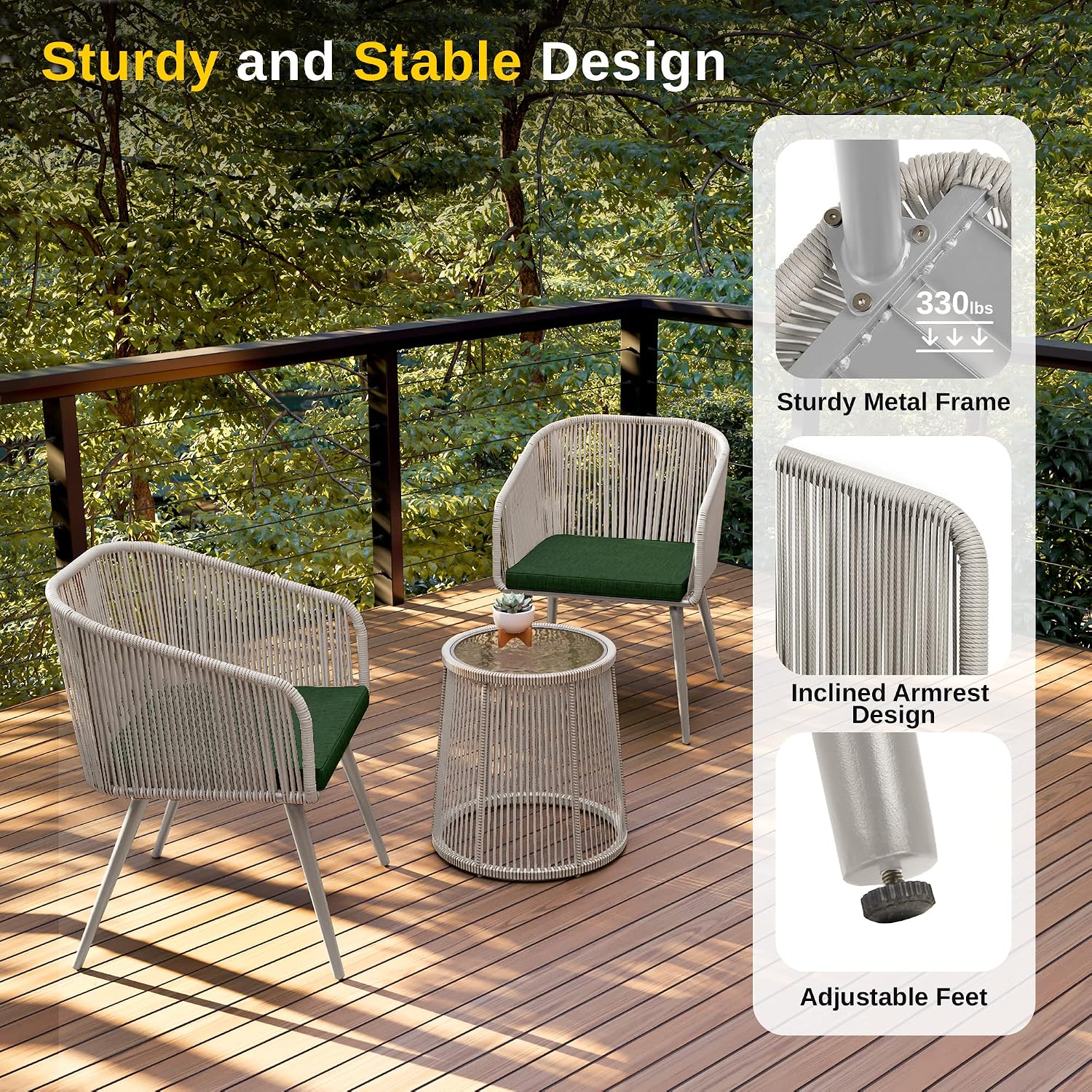 EAST OAK Breezeway Patio Furniture Set, 3-Piece Outside Bistro Set Handwoven Rattan Wicker Chairs with Waterproof Cushions, Tempered Glass Table, Outdoor Conversation Set, Ivory White & Jungle Green