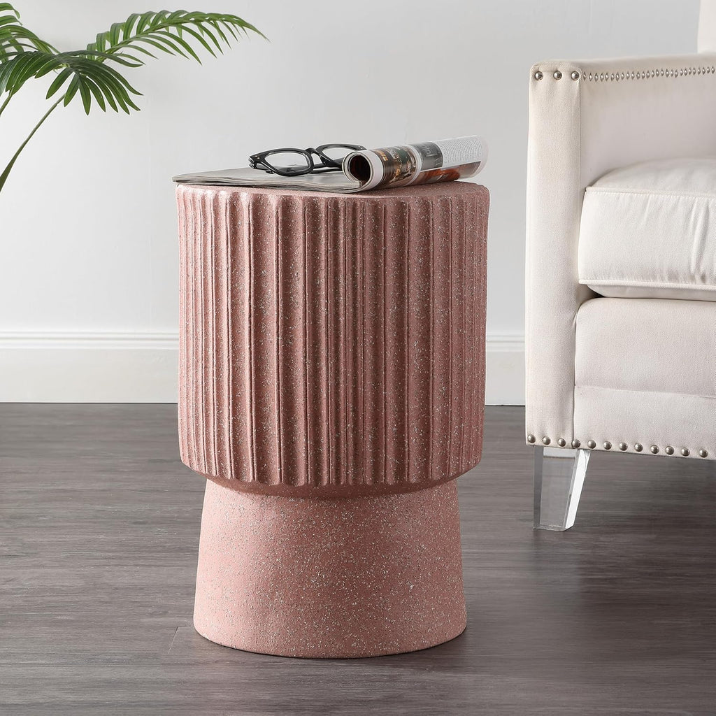 JONATHAN Y Louisa 19" Fluted Outdoor Accent Table, All-Weather Pink Terrazzo Pedestal Garden Stool, Small Round Side Table for Patio, Porch, and Living Room TBL1102C