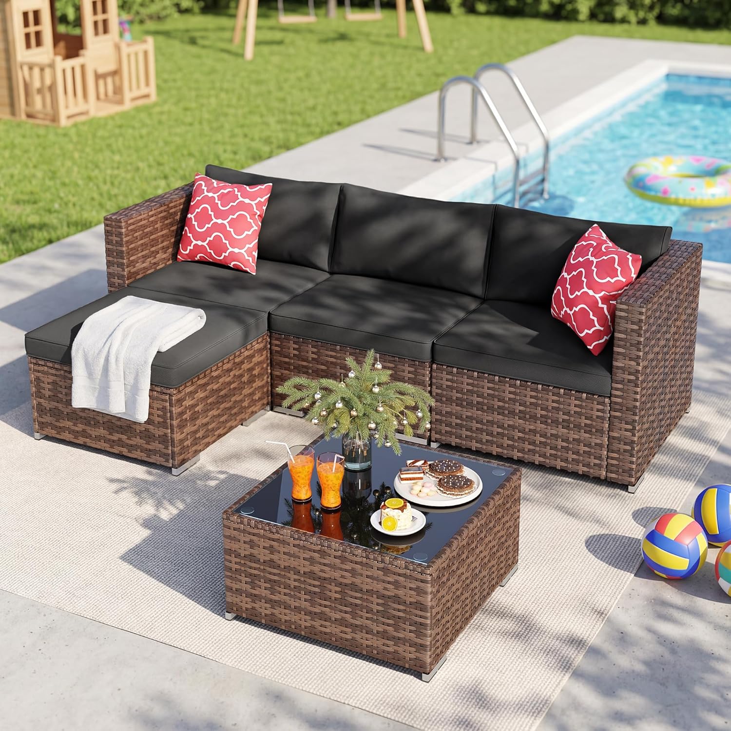 Ahomly 5 Piece Outdoor Patio Furniture Set, PE Wicker Rattan Sectional Sofa with Cushions and Glass Coffee Table, Outdoor Furniture Set for Patio Porch Deck, Black