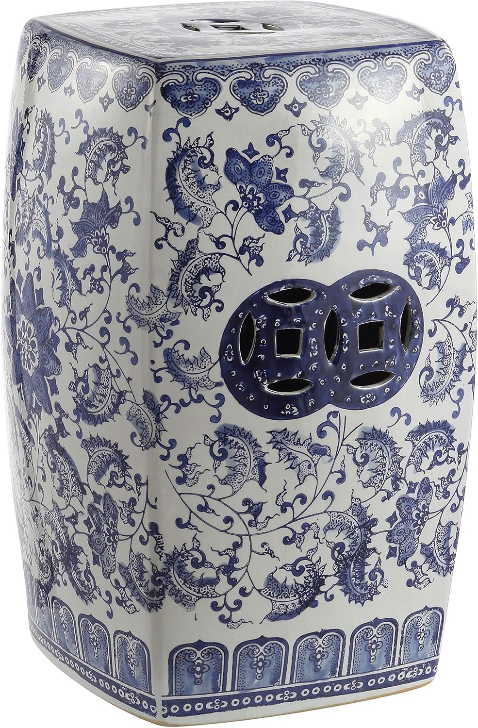 JONATHAN Y Floral Vine 18.5" Chinoiserie Ceramic Drum Indoor/Outdoor Garden Stool, Traditional, Side Table, Plant Stand, for Patio, Living Room, Blue/White TBL1011A