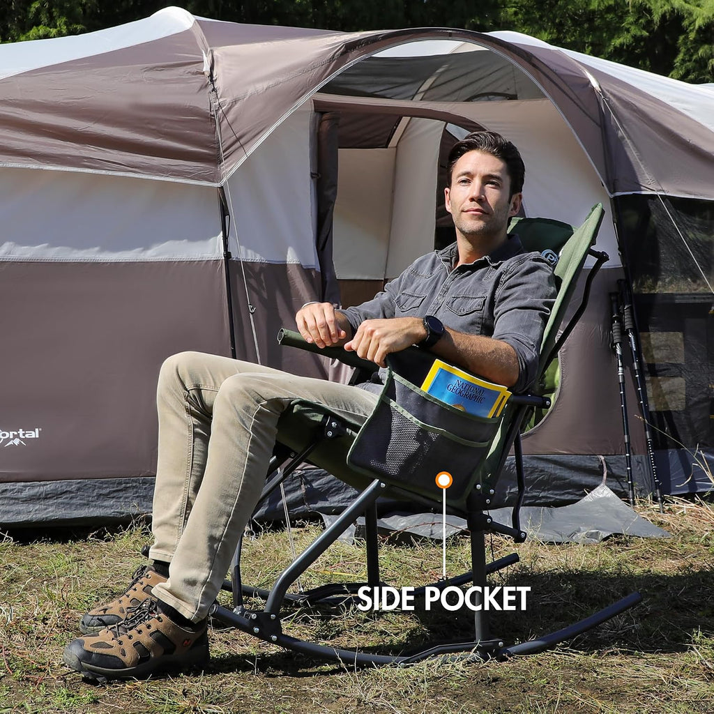 Portal Oversized Folding Rocking Camping Chair Portable Outdoor Rocker with High Back Hard Armrests Carry Bag, Supports 400 lbs