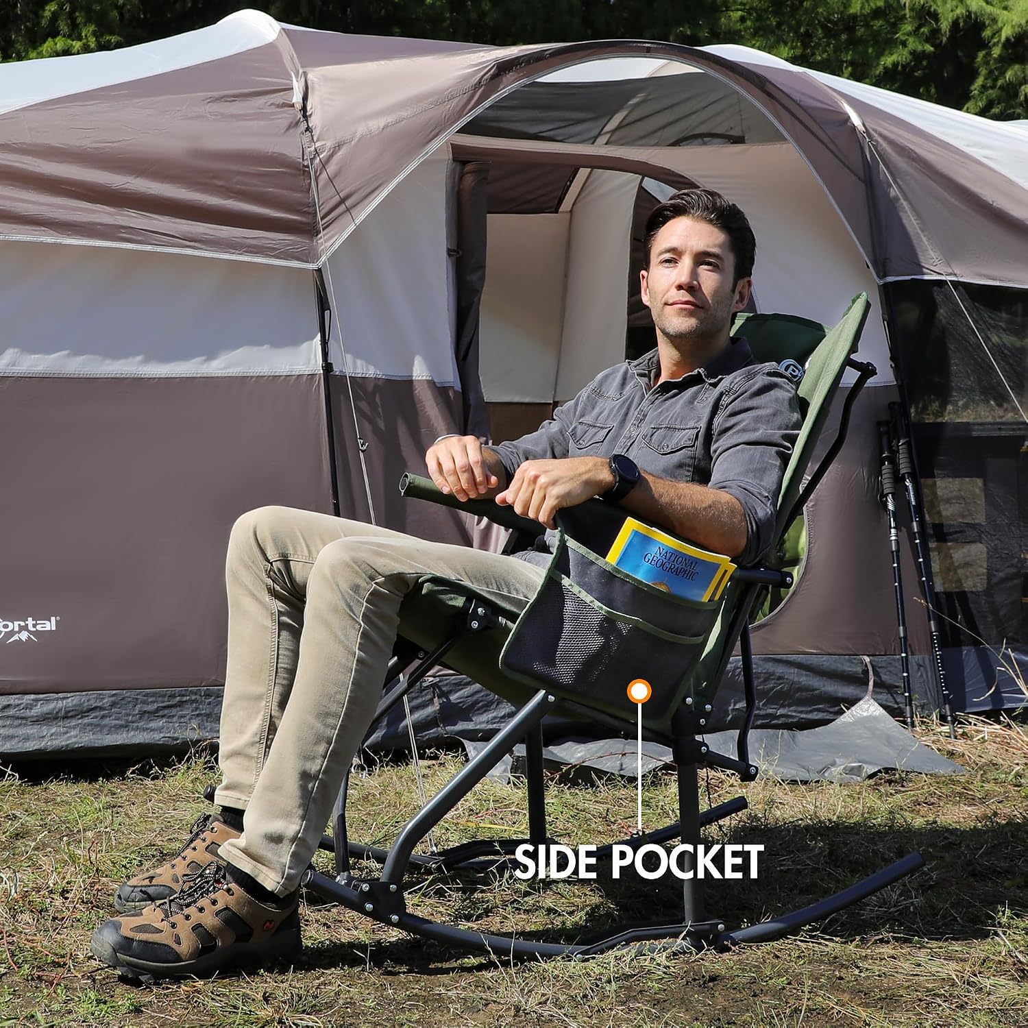 Portal Oversized Folding Rocking Camping Chair Portable Outdoor Rocker with High Back Hard Armrests Carry Bag, Supports 400 lbs