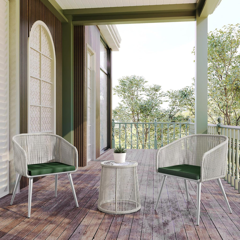 EAST OAK Breezeway Patio Furniture Set, 3-Piece Outside Bistro Set Handwoven Rattan Wicker Chairs with Waterproof Cushions, Tempered Glass Table, Outdoor Conversation Set, Ivory White & Jungle Green