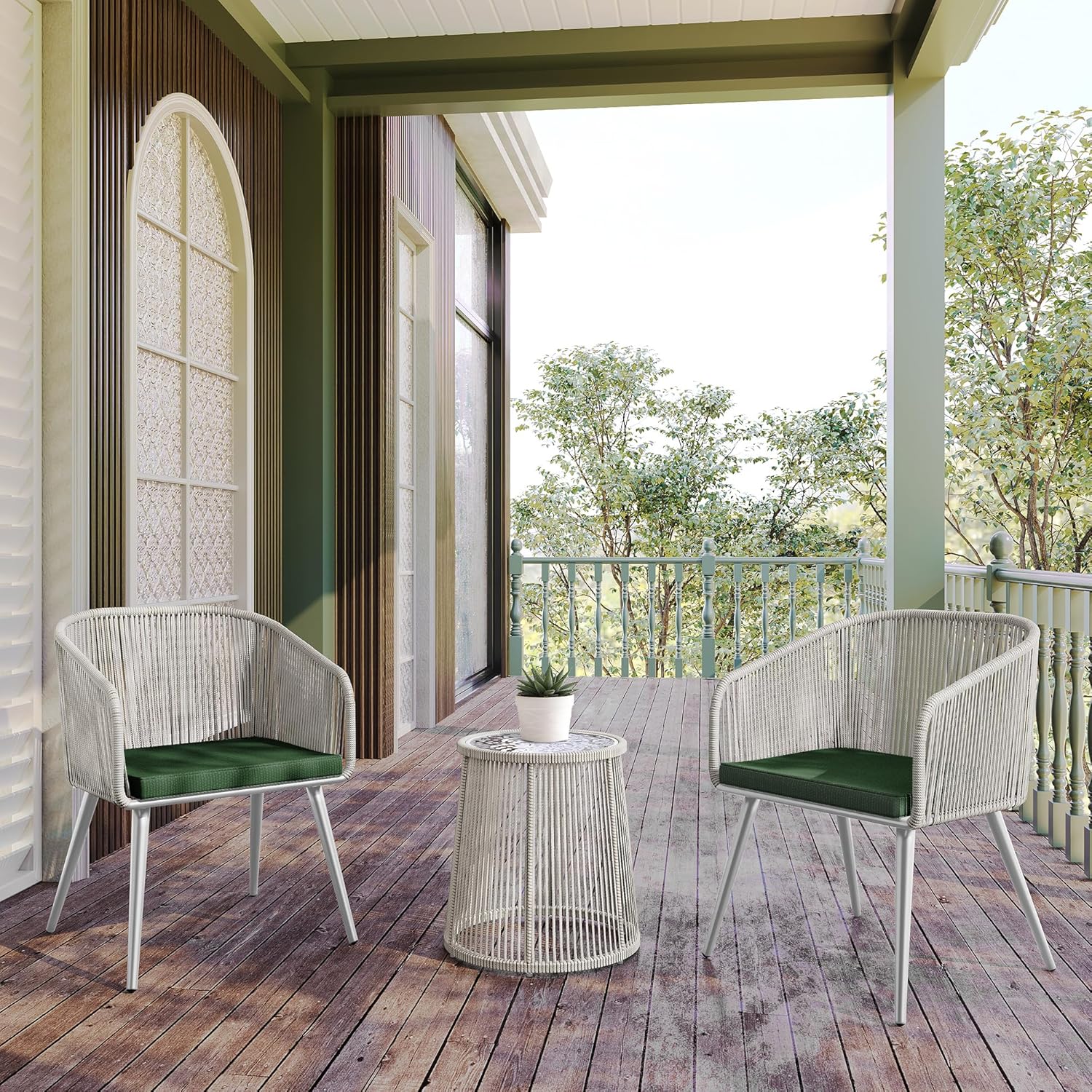 EAST OAK Breezeway Patio Furniture Set, 3-Piece Outside Bistro Set Handwoven Rattan Wicker Chairs with Waterproof Cushions, Tempered Glass Table, Outdoor Conversation Set, Ivory White & Jungle Green