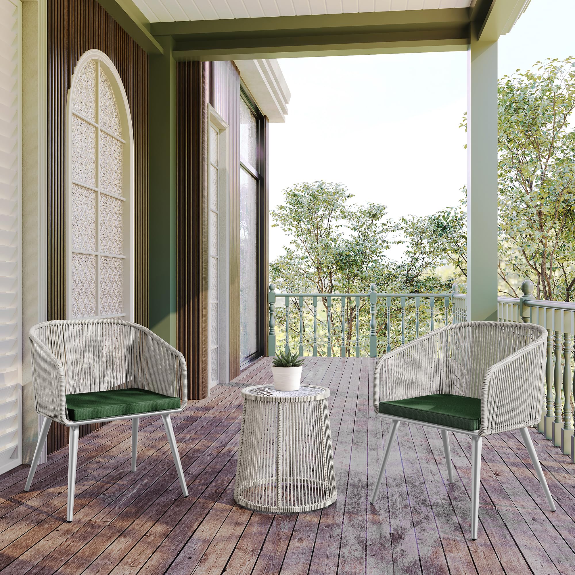 EAST OAK Breezeway Patio Furniture Set, 3-Piece Outside Bistro Set Handwoven Rattan Wicker Chairs with Waterproof Cushions, Tempered Glass Table, Outdoor Conversation Set, Ivory White & Jungle Green