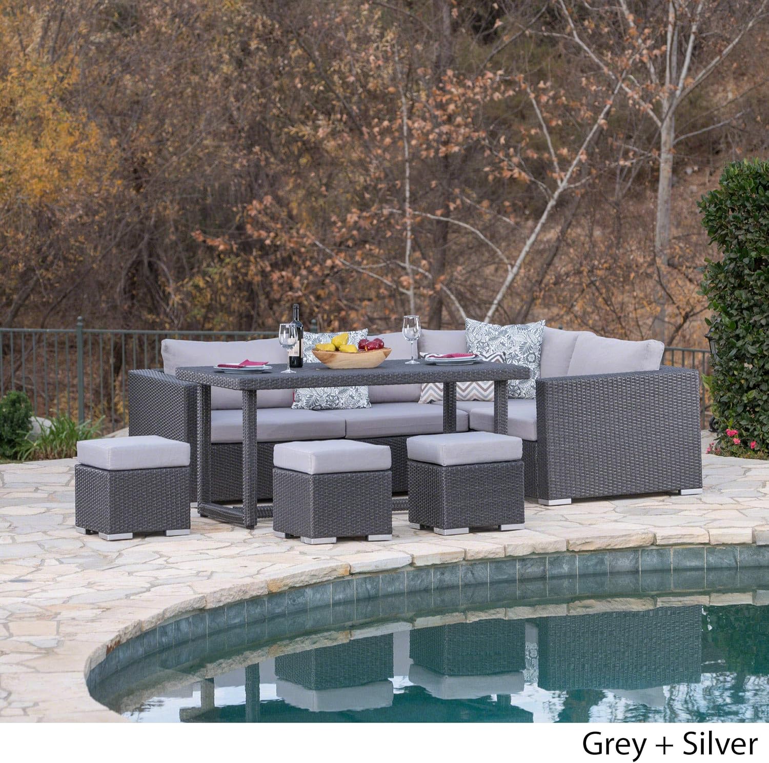 Christopher Knight Home Santa Rosa Outdoor 7-Seater Dining Sofa and Ottoman Set with Aluminum Frame and Water Resistant Cushions, Grey / Silver Cushions
