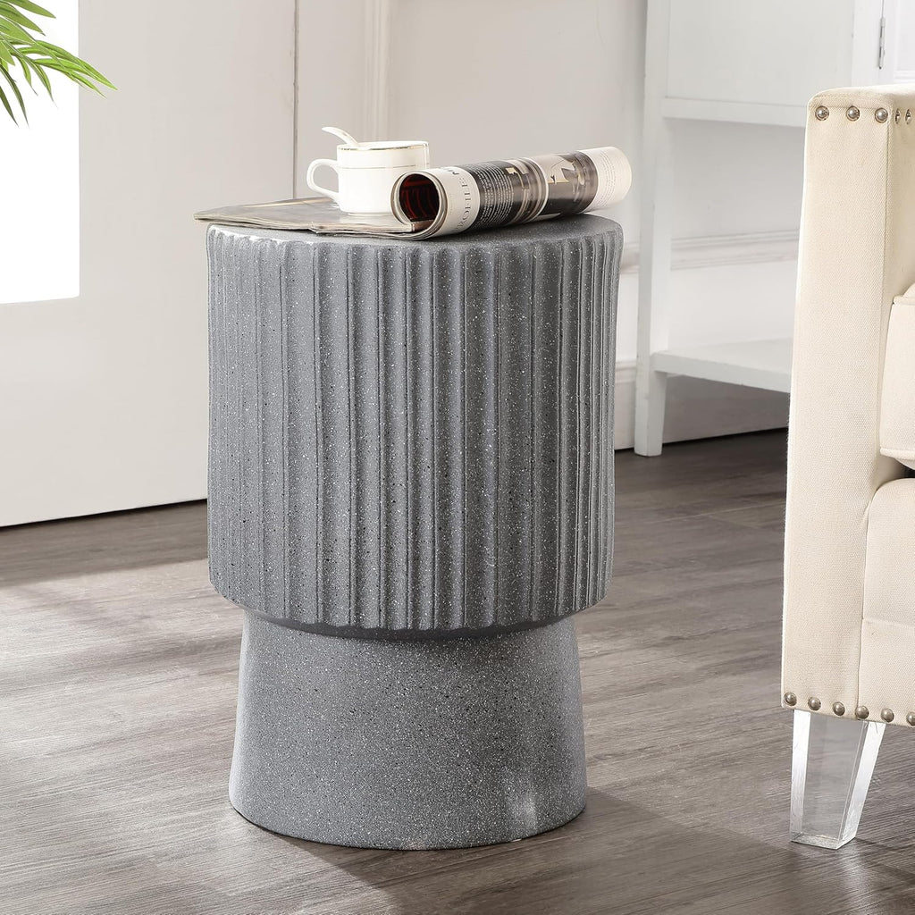 JONATHAN Y Louisa 19" Fluted Outdoor Accent Table, All-Weather Gray Terrazzo Pedestal Garden Stool, Small Round Side Table for Patio, Porch, and Living Room TBL1102A