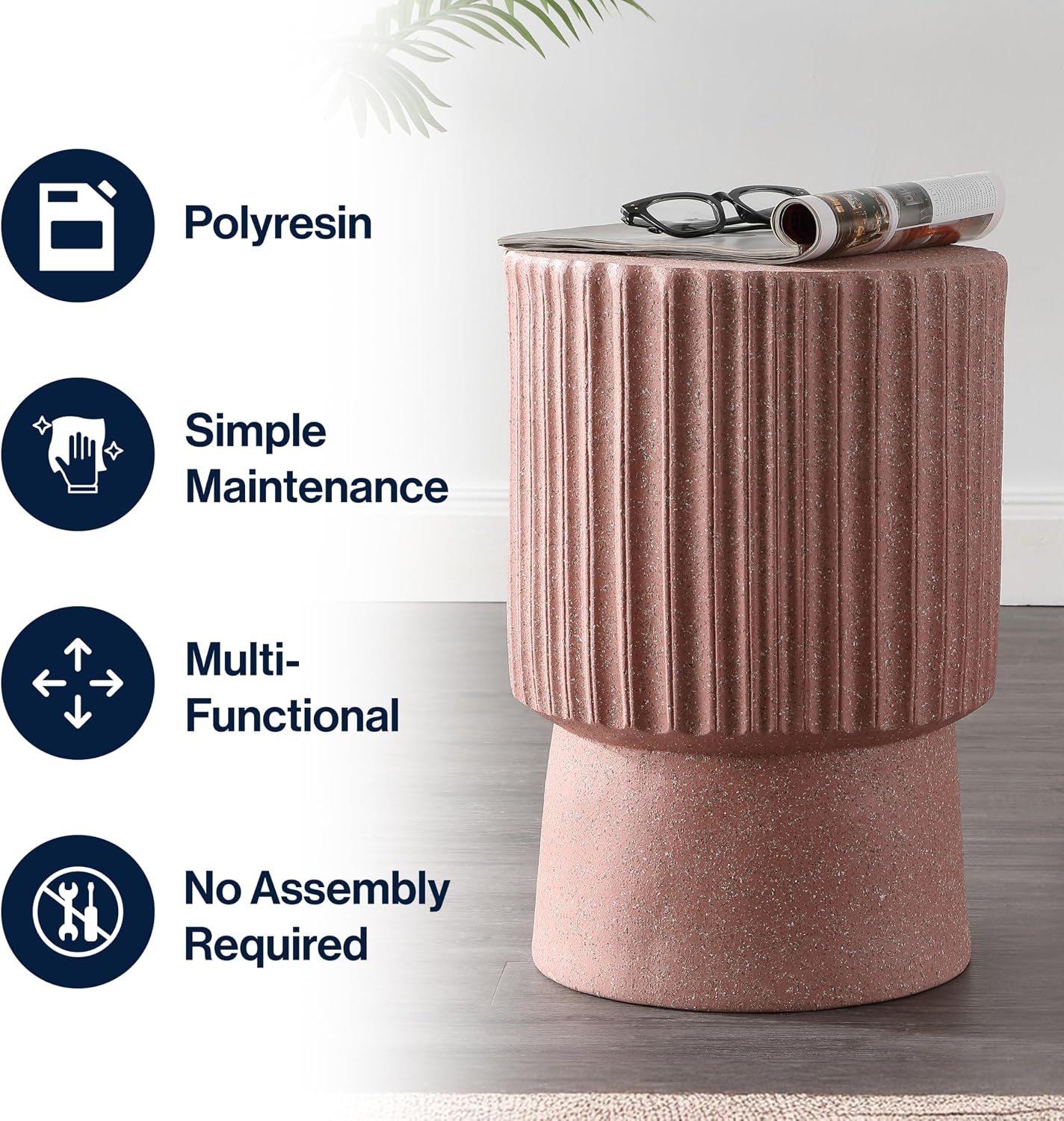 JONATHAN Y Louisa 19" Fluted Outdoor Accent Table, All-Weather Pink Terrazzo Pedestal Garden Stool, Small Round Side Table for Patio, Porch, and Living Room TBL1102C