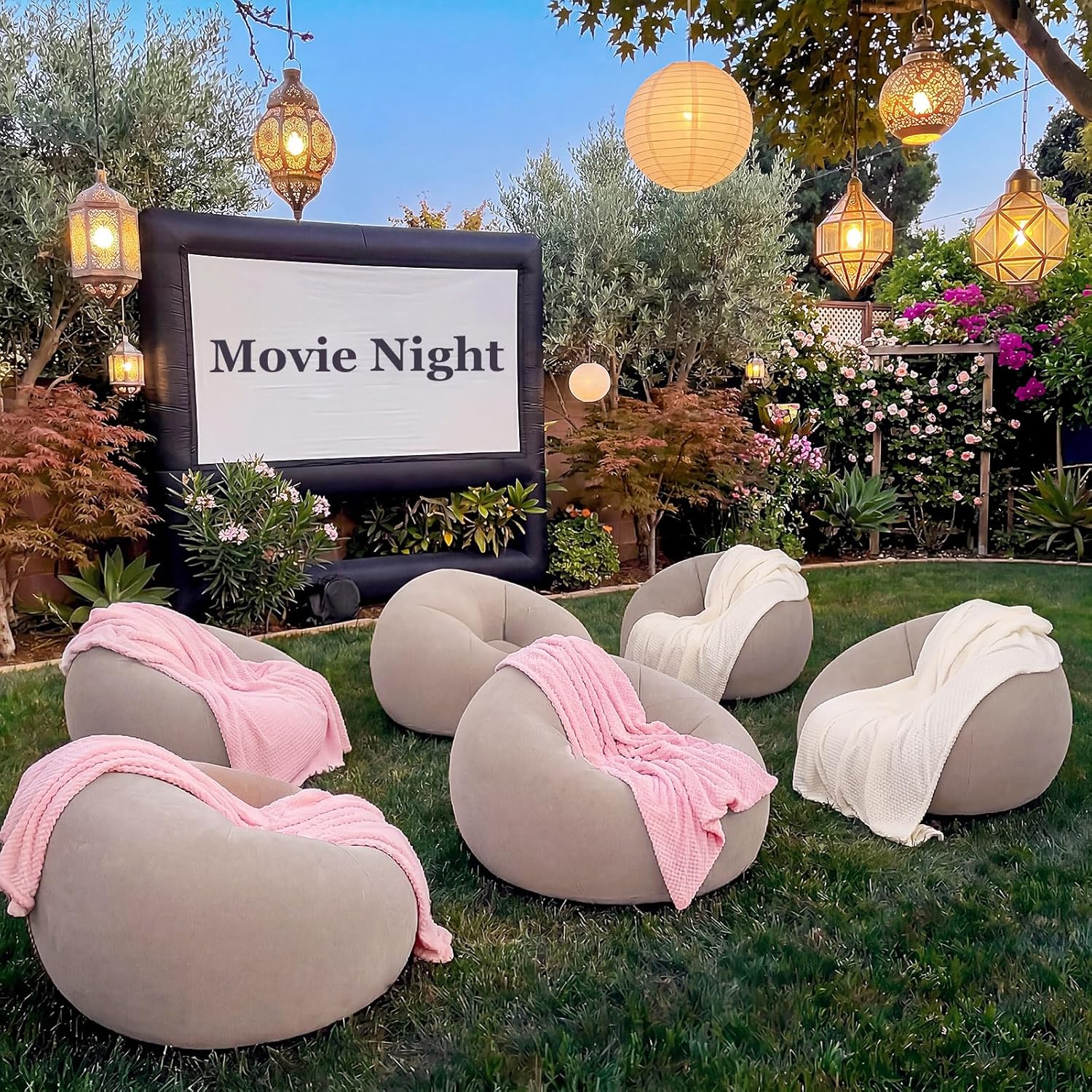 Huwena 12 Pcs Inflatable Bean Bag Chair and Throw Blankets Set(Air Pump Included), 6 Inflatable Bean Bag Lounge Chair Blow up Sofa 6 Fleece Throw Blankets for Movie Night Camping Outdoor(Coffee)