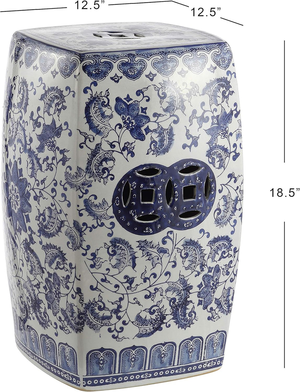 JONATHAN Y Floral Vine 18.5" Chinoiserie Ceramic Drum Indoor/Outdoor Garden Stool, Traditional, Side Table, Plant Stand, for Patio, Living Room, Blue/White TBL1011A