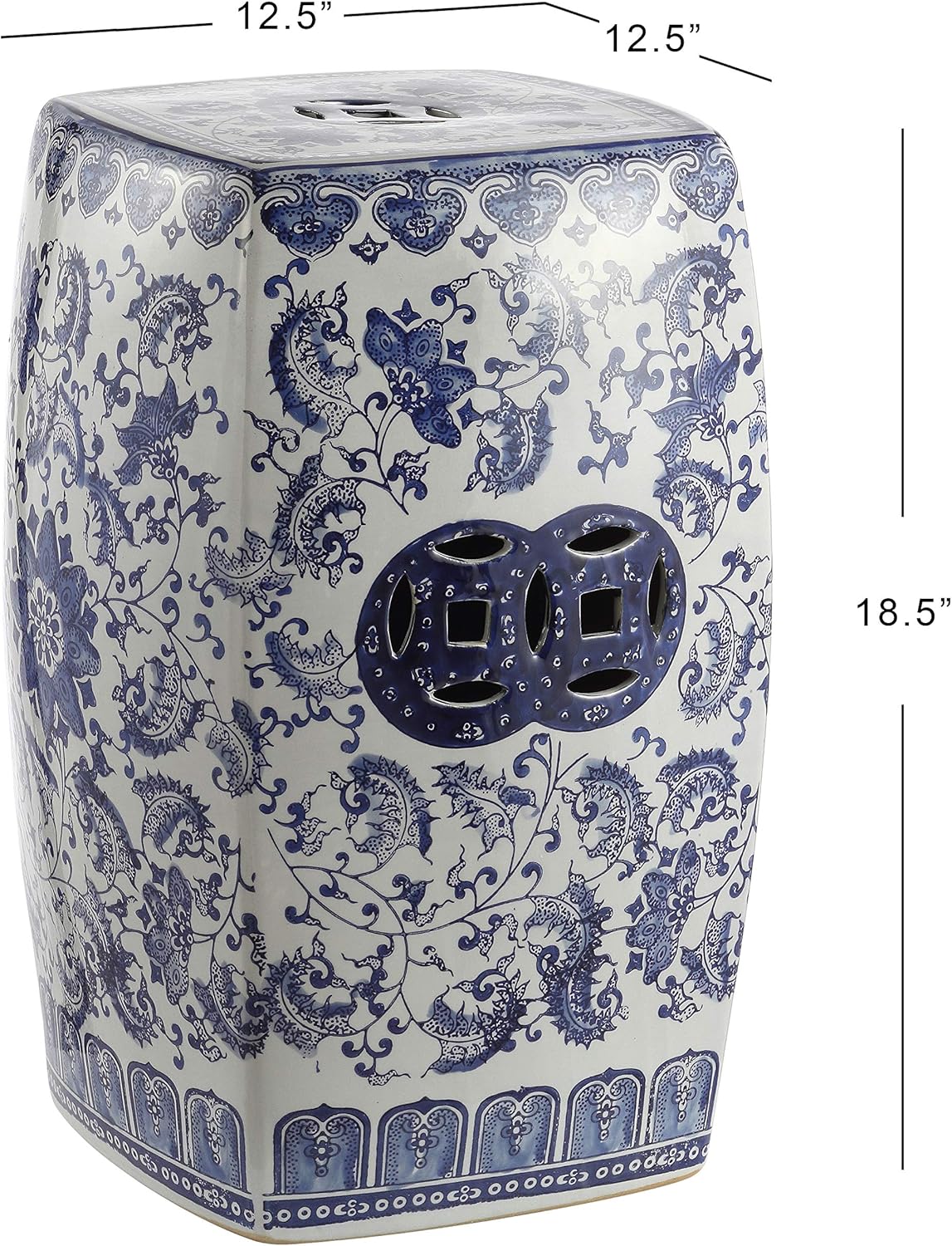 JONATHAN Y Floral Vine 18.5" Chinoiserie Ceramic Drum Indoor/Outdoor Garden Stool, Traditional, Side Table, Plant Stand, for Patio, Living Room, Blue/White TBL1011A