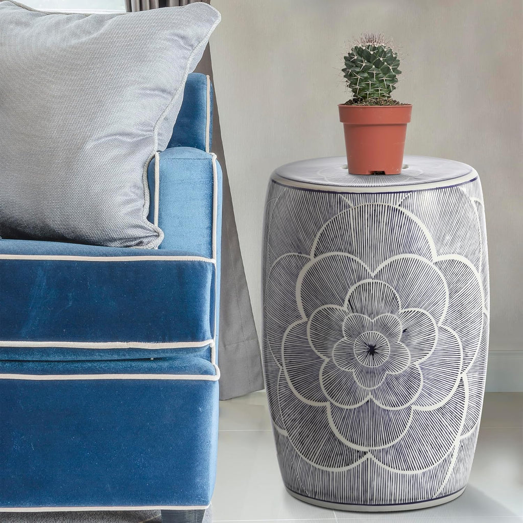 JONATHAN Y Camellia 17" Ceramic Drum Garden Stool, Traditional Blue Floral Chinoiserie Indoor/Outdoor Patio Side Table, Pierced Accent Seat, Plant Stand, Coastal, Blue/White TBL1005A