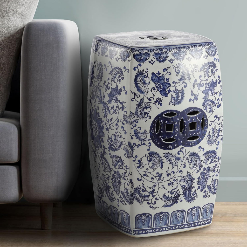 JONATHAN Y Floral Vine 18.5" Chinoiserie Ceramic Drum Indoor/Outdoor Garden Stool, Traditional, Side Table, Plant Stand, for Patio, Living Room, Blue/White TBL1011A