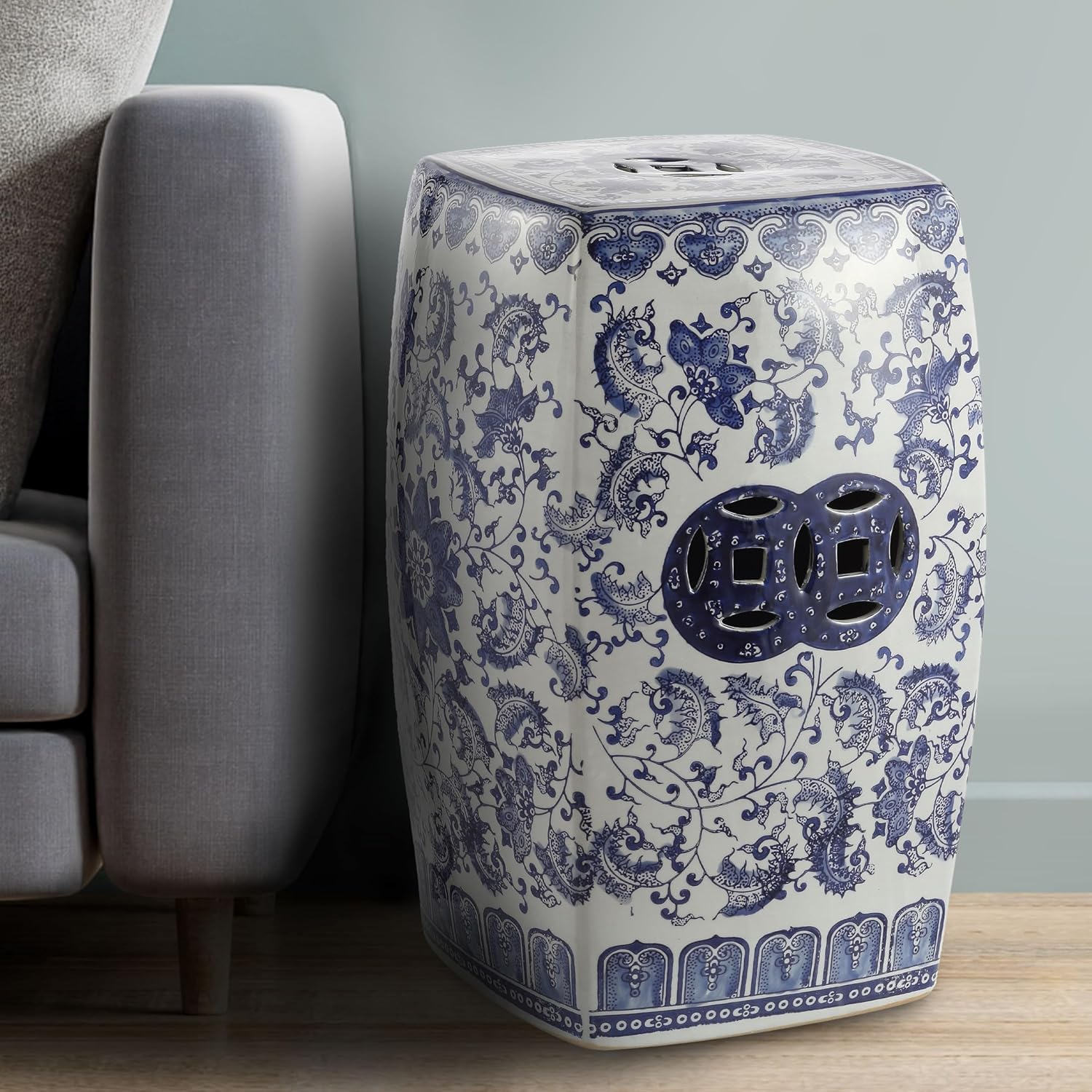 JONATHAN Y Floral Vine 18.5" Chinoiserie Ceramic Drum Indoor/Outdoor Garden Stool, Traditional, Side Table, Plant Stand, for Patio, Living Room, Blue/White TBL1011A