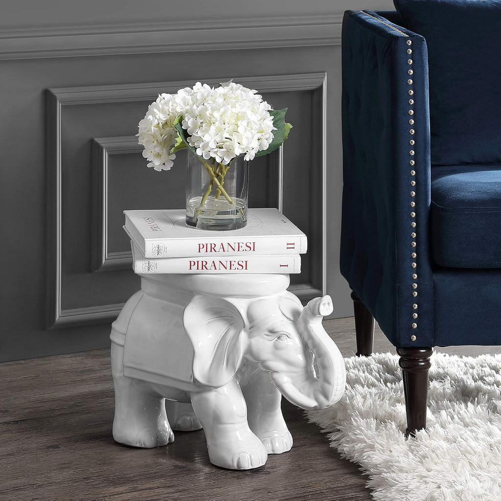 JONATHAN Y White Elephant 14.25" Glazed Ceramic Elephant Garden Stool, Weather-Resistant Indoor/Outdoor Patio Side Table and Plant Stand, Bohemian, Antique White TBL1007A