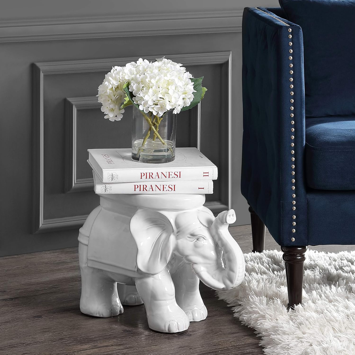 JONATHAN Y White Elephant 14.25" Glazed Ceramic Elephant Garden Stool, Weather-Resistant Indoor/Outdoor Patio Side Table and Plant Stand, Bohemian, Antique White TBL1007A