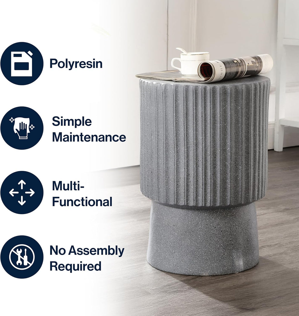 JONATHAN Y Louisa 19" Fluted Outdoor Accent Table, All-Weather Gray Terrazzo Pedestal Garden Stool, Small Round Side Table for Patio, Porch, and Living Room TBL1102A