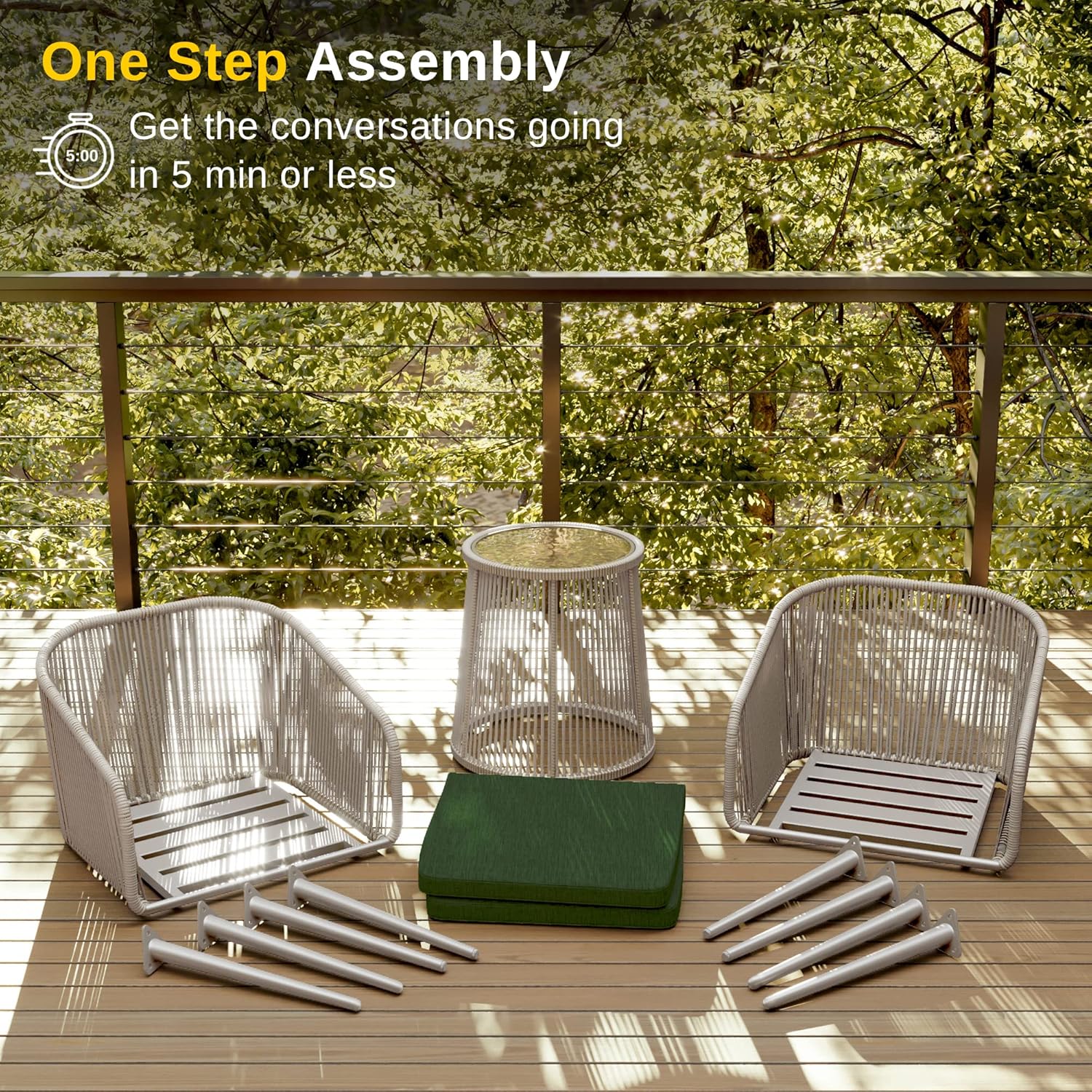 EAST OAK Breezeway Patio Furniture Set, 3-Piece Outside Bistro Set Handwoven Rattan Wicker Chairs with Waterproof Cushions, Tempered Glass Table, Outdoor Conversation Set, Ivory White & Jungle Green