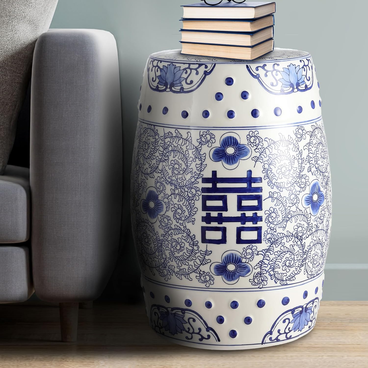 JONATHAN Y Double Happiness 18" Ceramic Garden Stool, Traditional Chinoiserie Blue and White Indoor/Outdoor Patio Drum Accent Side Table and Plant Stand TBL1013A