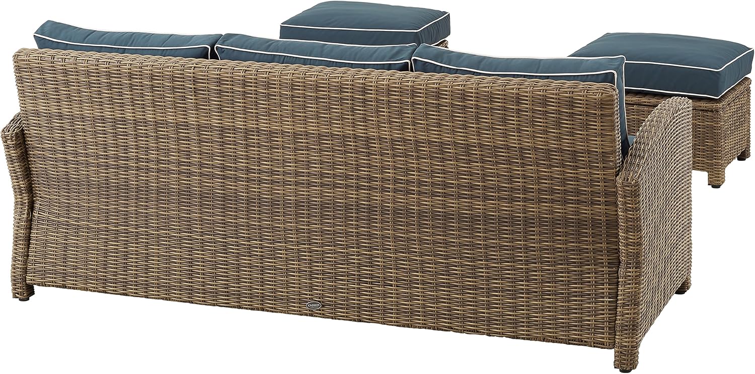 Crosley Furniture Bradenton 3-Piece Outdoor Sofa Patio Furniture Set, Wicker Conversation Sets for Porch, Brown with Navy Cushions